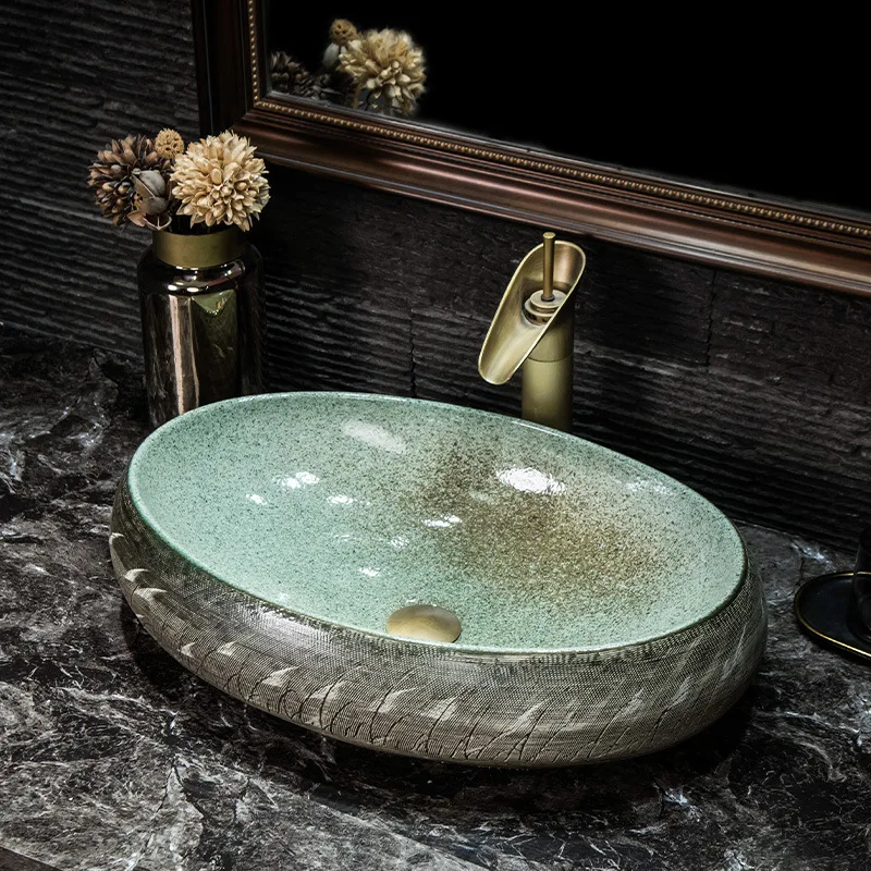 Bathroom SinkCeramic Art Above Counter Basin Wash Basin European Style Balcony Bathroom Washbasin Oval Household Vanity Basin