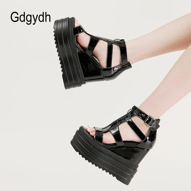 Gdgydh Hot INS Vintage Platform Heels Sandals Women Dress Party Patent Leather Gladiator Shoes Summer Back Zipper Punk Girls