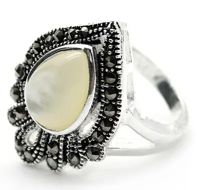 

lady's noble 925 SILVER NATURAL DROP WHITE SEA SHELL MARCASITE RING SIZE 7/8/9/10