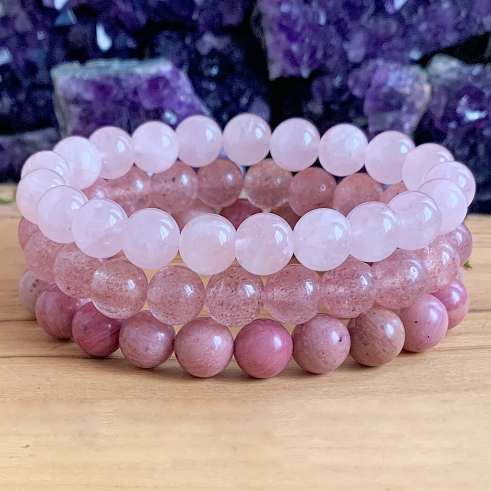 MG1243 New Design Pink Heart Chakra Malas Strawberry Quartz Stack Bracelet Natural Rose Quartz Rhodonite Yoga Mala Bracelet