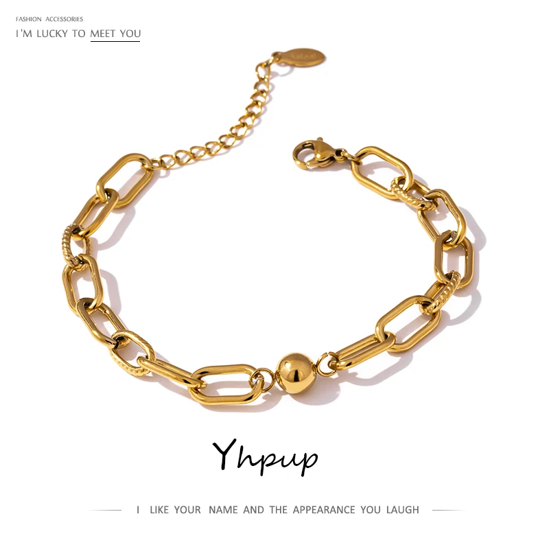 Yhpup New Stainless Steel Golden Bracelet Jewelry Charm Metal Texture 14 K Plated Geometric Wrist for Women Bijoux Accessories