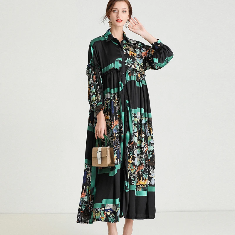 

Women's Casual Loose Elegant Dress, Turn-Down Collar, Fahsion Long Dresses, Lantern Sleeve, Spring Print Fold Dresses, Plus Size