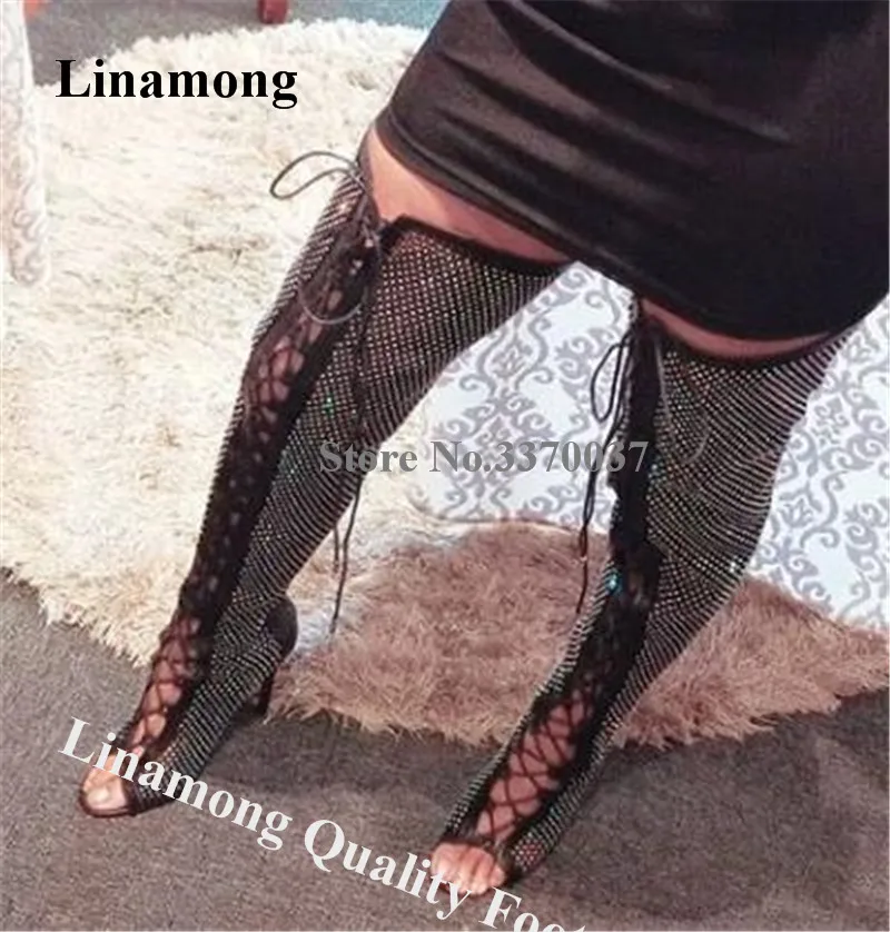 Linamong Sexy Bling Bling Rhinestone Stiletto Heel Over Knee Gladiator Boots Lace-up Cut-out Crystal Long High Heel Boots Heels