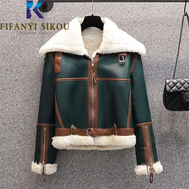 

Faux Leather Jacket Women Thick Warm Lambswool Spliced Fashion Green Winter PU Jacket Lapel Zipper Loose Short Motorcycle Coat