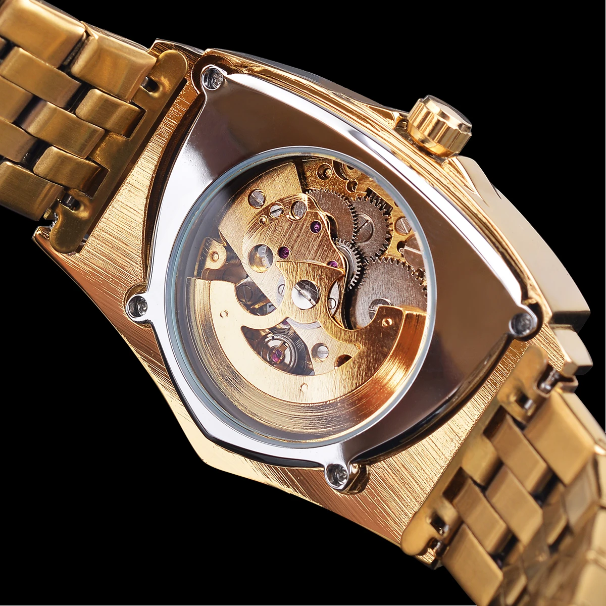 Winner Black Golden Luxury Dial for Men Automatic Mechanical Watches Skeleton Wristwatch Irregular Stainless Steel Strap Relogio