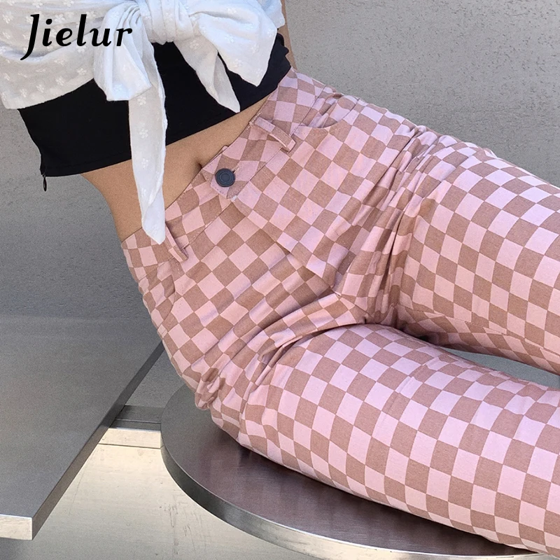 Jielur Slim Plaid High-waisted Straight Pants for Women Casual Pink Flare Pant Female 2021 Summer Streetwear Women\'s Trousers