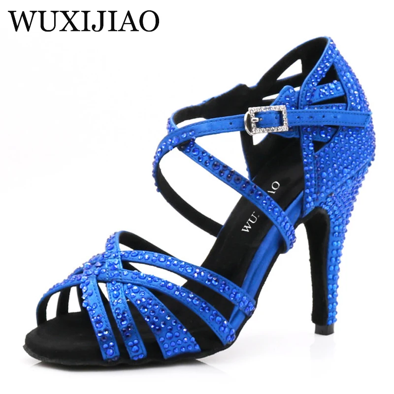 WUXIJIAO-Cetim Sapatos de dança para mulheres, fundo macio, strass brilhantes, vermelho e azul, sapatos de dança salsa, salto 9cm