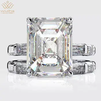 Wuiha 100% 925 Sterling Silver Created Moissanite Princess Ring Set Sparkling High Carbon Diamond Wedding Party Fine Jewelry
