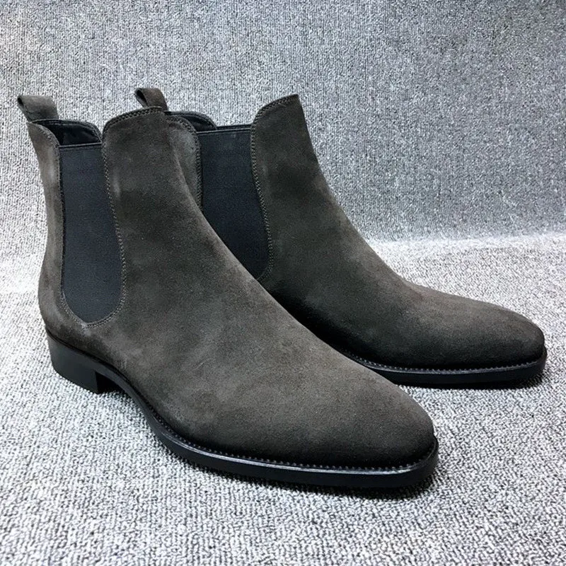 Yomior New Autumn Winter Cow Suede Leather Boots Casual Dress Wedge Ankle Boots Vintage Men\'s Shoes Pointed Toe Chelsea Boots