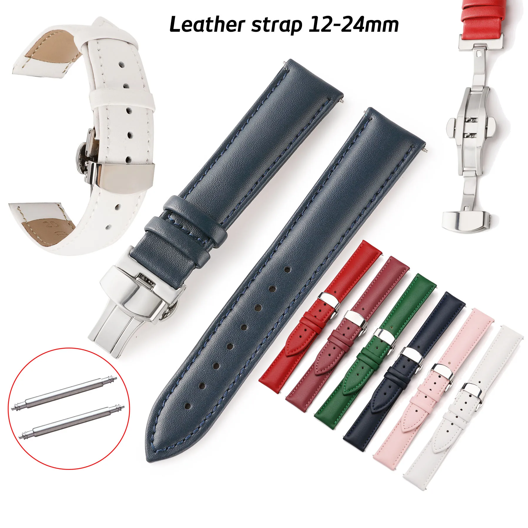 Watch Band Genuine Leather Straps 12mm 14mm 16mm 18mm 20mm 22mm 24mm Cowhide Watchband Butterfly Clasp Band Watch Accessories