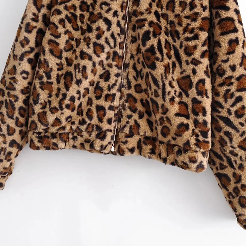 PUWD Fashion Women Leopard Print Plush Short Jacket  2021 Autumn Winter Retro Zipper Leisure Jackets Loose Female Short Outwear