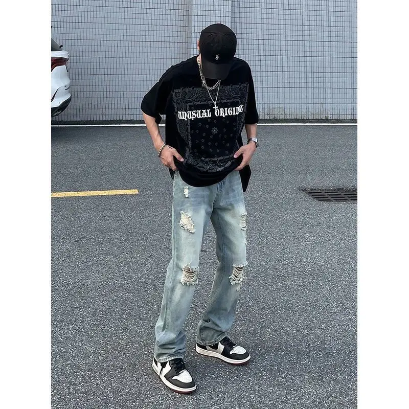 Summer Washboard Destroy Wash Hole Jeans Streetwear Men Pasted Cloth Plaid Pants Slim Fit Thin Ripped Jeans Elastic Beggar Pants