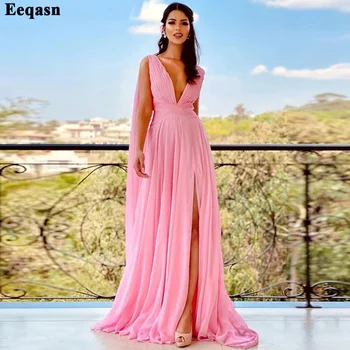 Vestido de fiesta de noche largo de gasa rosa personalizado, tren Watteau, vestidos de noche formales sexis con cuello en V, vestidos plisados para mujer, vestido de graduación