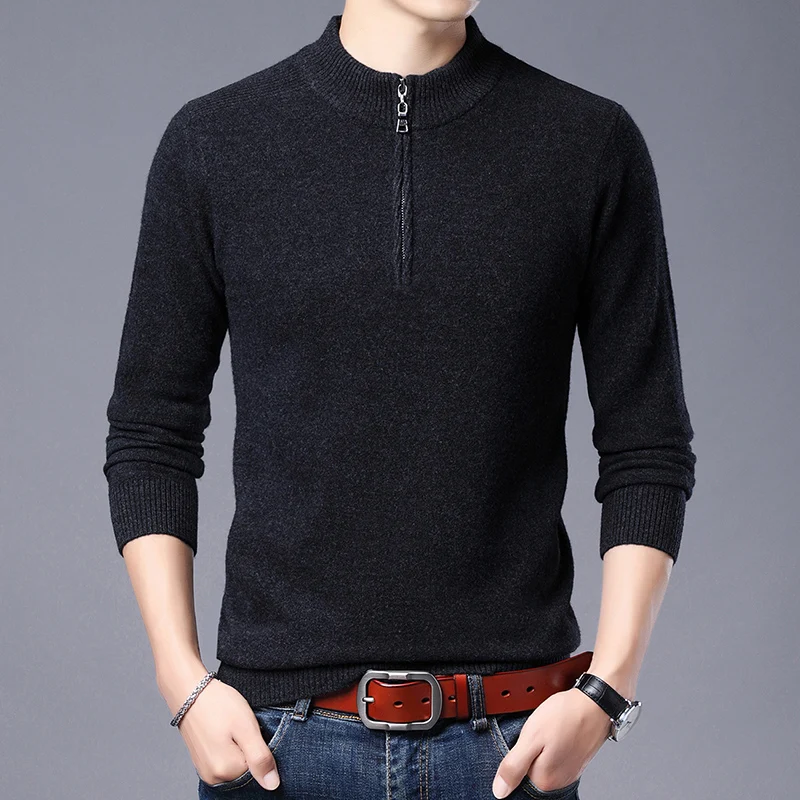 New Arrival  Autumn Winter Male Fashion Design Pure 100% Sheep Wool  Zipper  Sweaters Male High Quality Cashmere Pullovers Slim