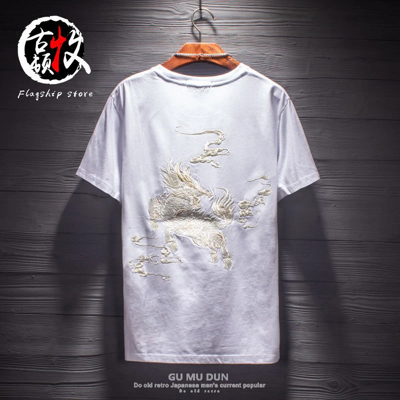 Oversized 2xl Kirin Embroidery Cotton 100% China Style Cool Fashion Summer Men T Shirt Short Sleeve Casual 2022 Trend Streetwear