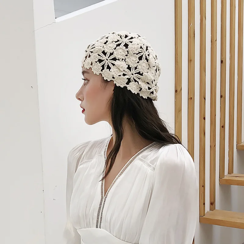 

Hand-woven Flowers Hollow Out Thin Cap Lace Breathable Turban Knitting Crochet Hats Women In Baotou In Spring And Summe