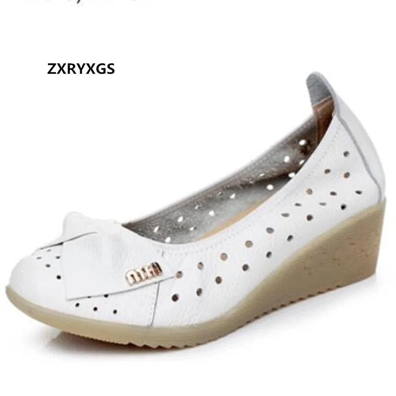 

Promotion 2024 Exquisite Bow Genuine Leather White Shoes Breathable Hole Shoes Sandals Nurse Shoes Soft Sole Wedges Heel Shoe