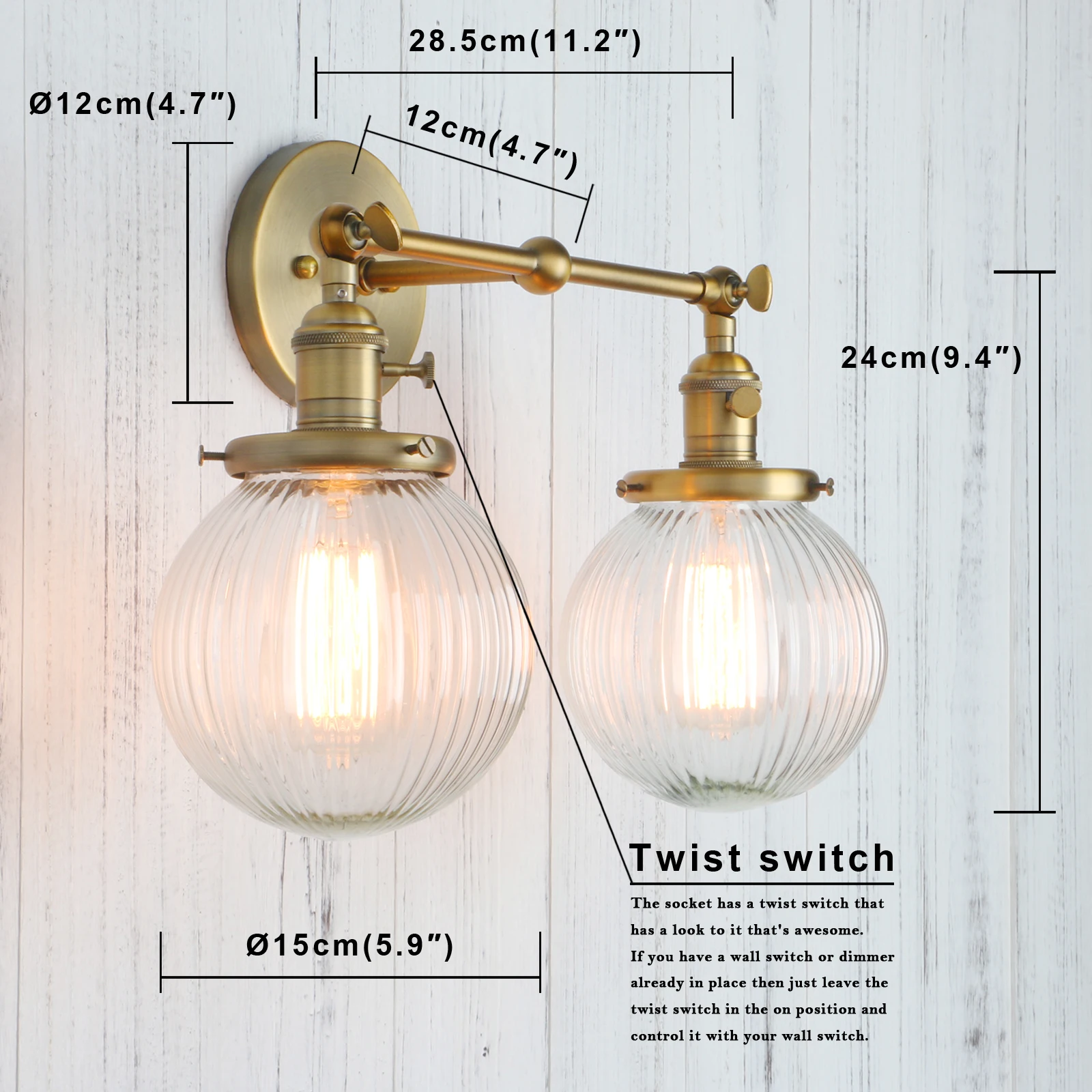 Permo Vintage with Globe Glass Shade 2 Lights Wall Sconces Double Head Wall Lights with Switch Retro Style Rustic Wall Lamps