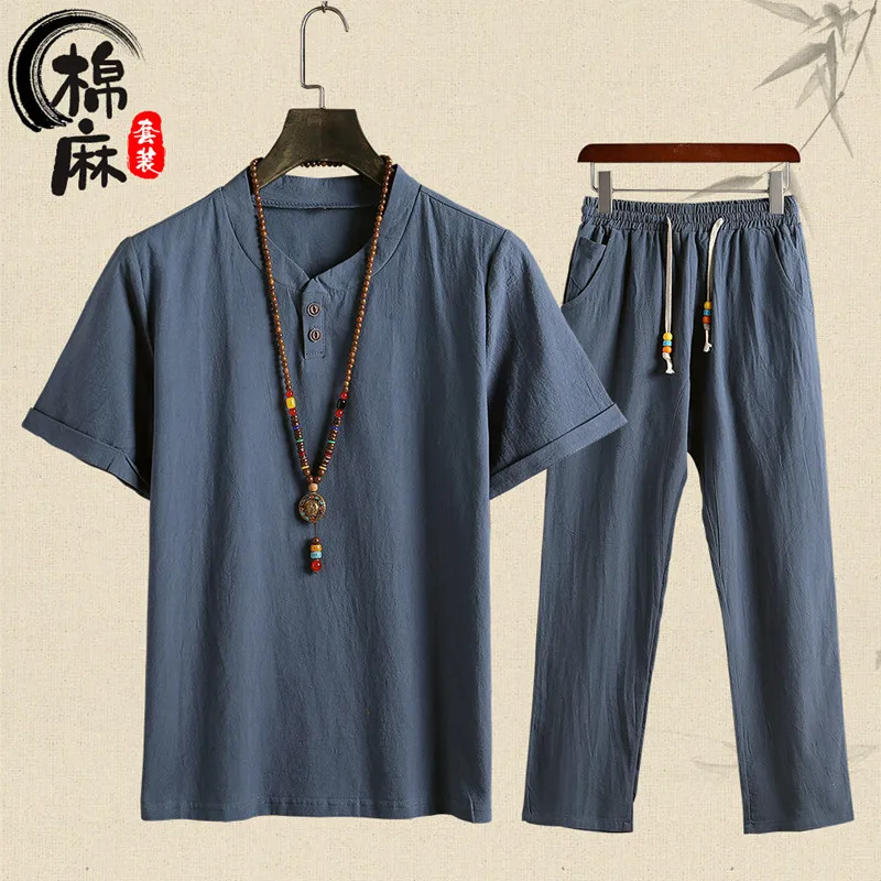 (Shirt + trousers) summer fashion men shirt Man Cotton and linen shirts Short sleeve men\'s casual shirts men full size M-5XL