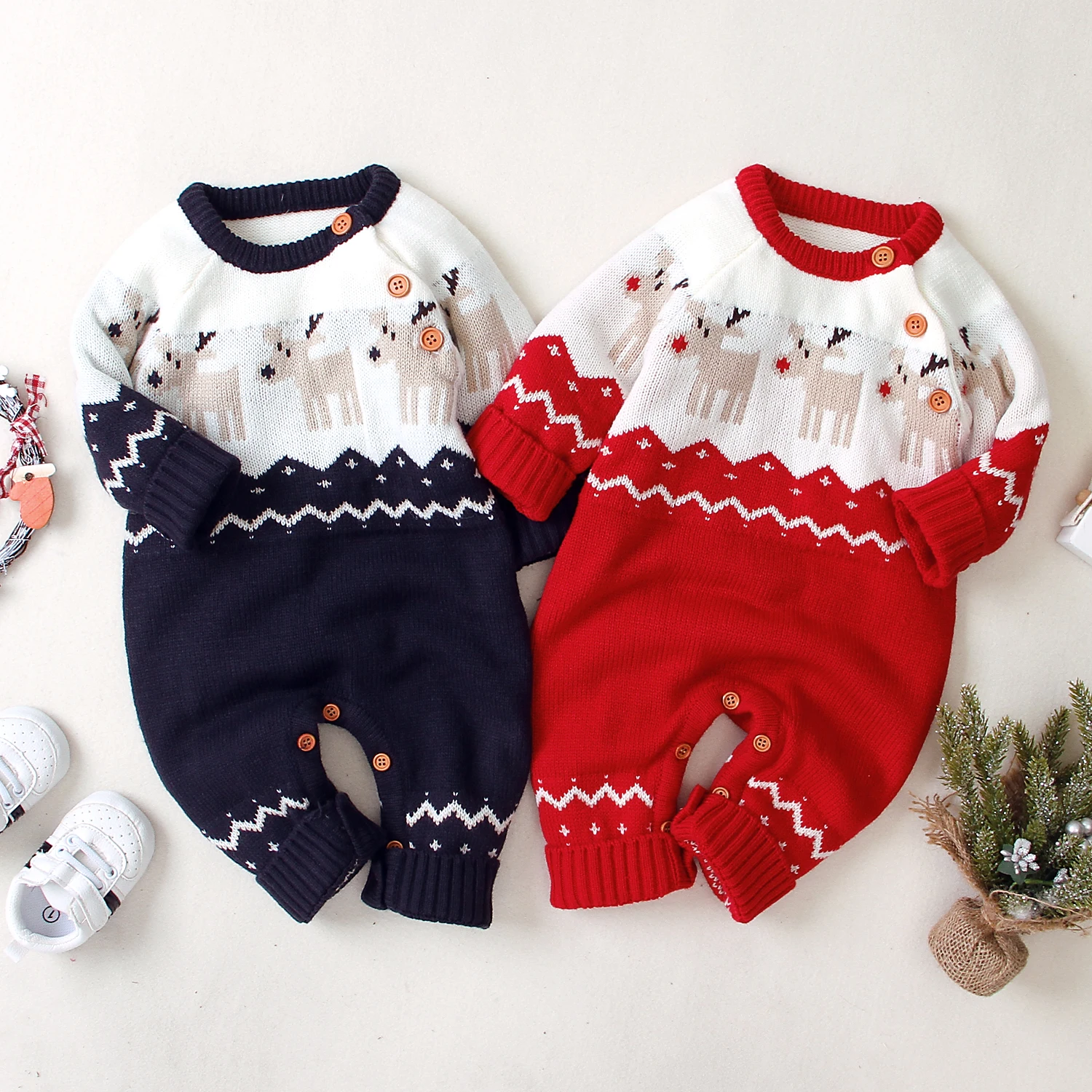 2020 Baby Boys Girls Sweater Christmas Clothes Romper Reindeer Long Sleeve Elk Printed Jumpsuit New Year\'s Costume 3-18 M