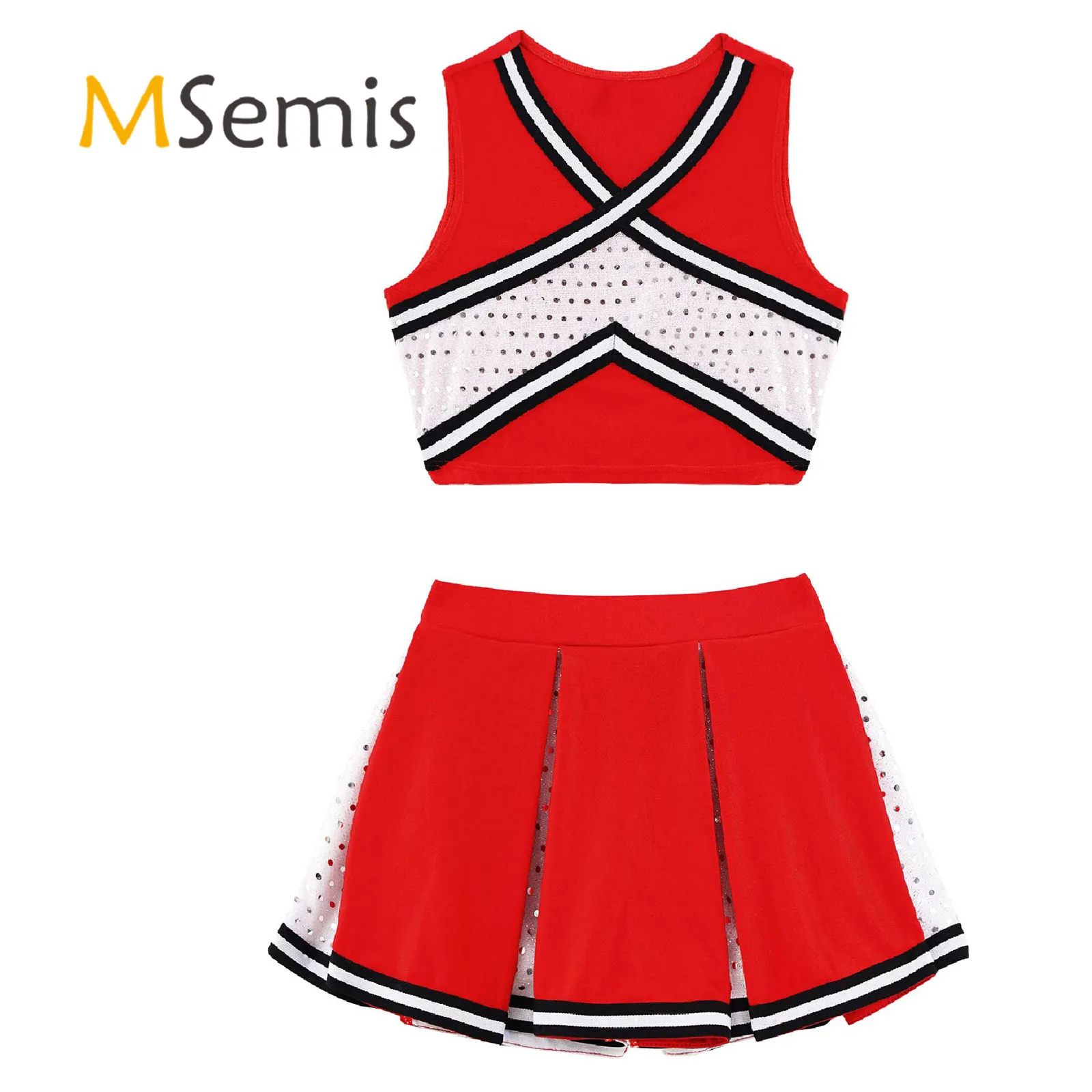 

Kids Girls Cheerleading Dance Clothes Set Striped Front V Neckline Top with Elastic Waistband Skirt Sparkling Sequins Outfit