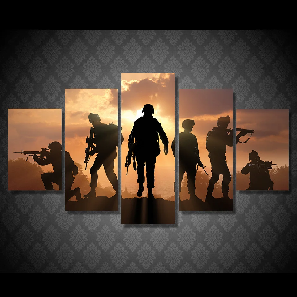 

5pcs Army Soldier Sunset Landscape Pictures Posters Wall Art Home Decor Modular Canvas HD Printed Paintings Home Decoration