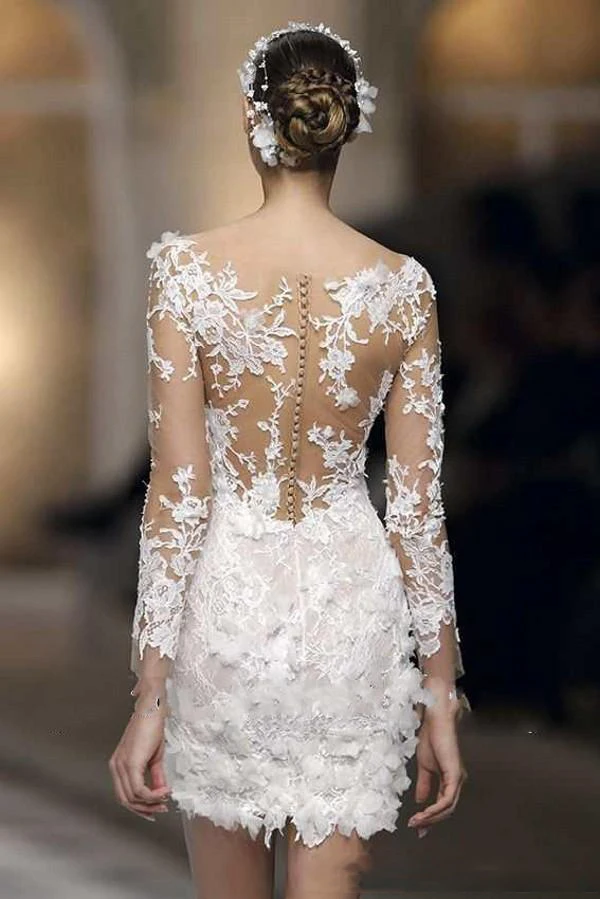 Sexy White Lace Applique Wedding Dresses Illusion Long Sleeve Sheath v Neck Bridal Gowns Custom Made Wedding Gowns