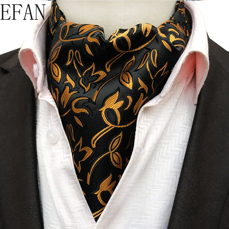 Solid Black Men Vintage Cashew Floral Wedding Formal Cravat Ascot Scrunch Self British Gentleman Silk Woven Neck Tie