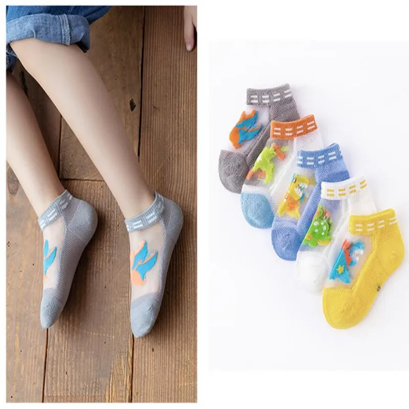 New Children's Ice Stocks Spring and Summer Breathable Short Tube Socks Cute Fun Dinosaur Glass Stockings Baby Socks