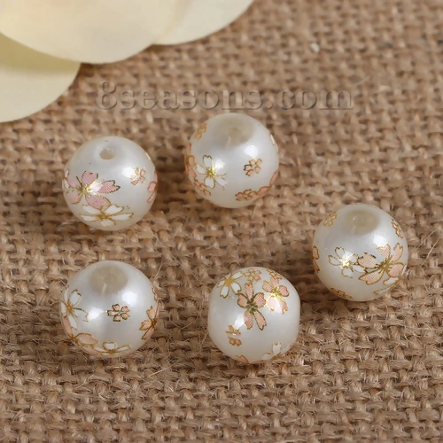 DoreenBeads Glass Painting Vintage Japanese Tensha Beads Round Sakura Flower Pattern Imitation Pearl About 12mm( 4/8