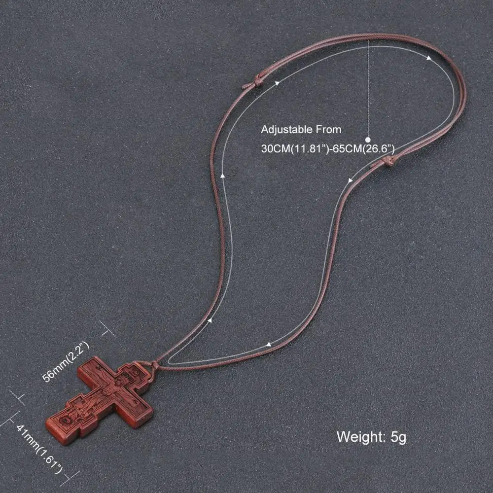 Orthodox Natural Wooden Umbila Crucifix Cross Jesus Pendant Necklaces Adjustable Leather Rope Chains Necklaces Jewelry