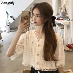 Shirts Women White Cropped Tops Hollow Out All-match Lace V-Neck Half Sleeve Solid Single Breasted Fashion Mujer Clothes Ulzzang