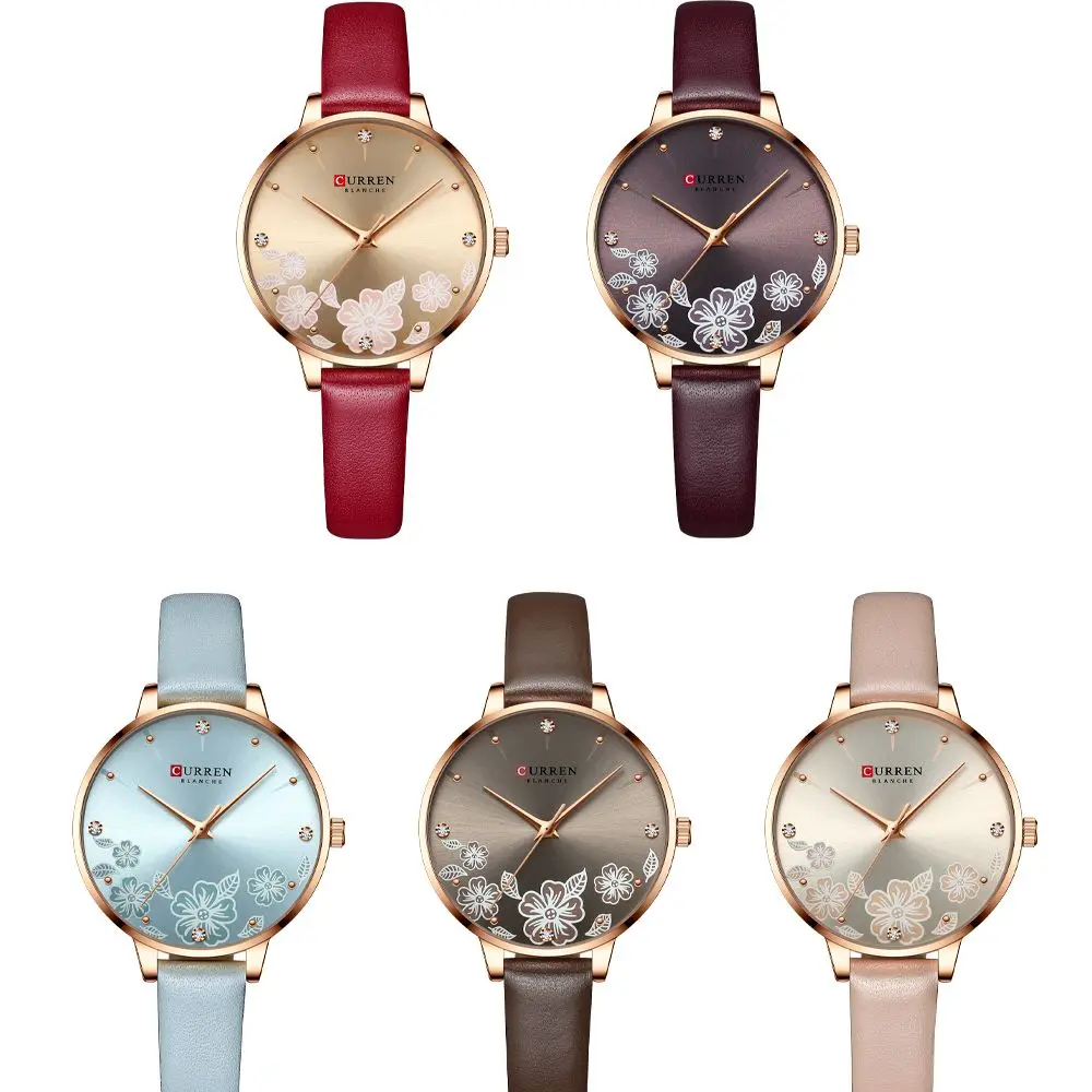 CURREN – montre-bracelet en cuir pour femmes, étanche, Design de luxe, rétro, cadran à fleurs