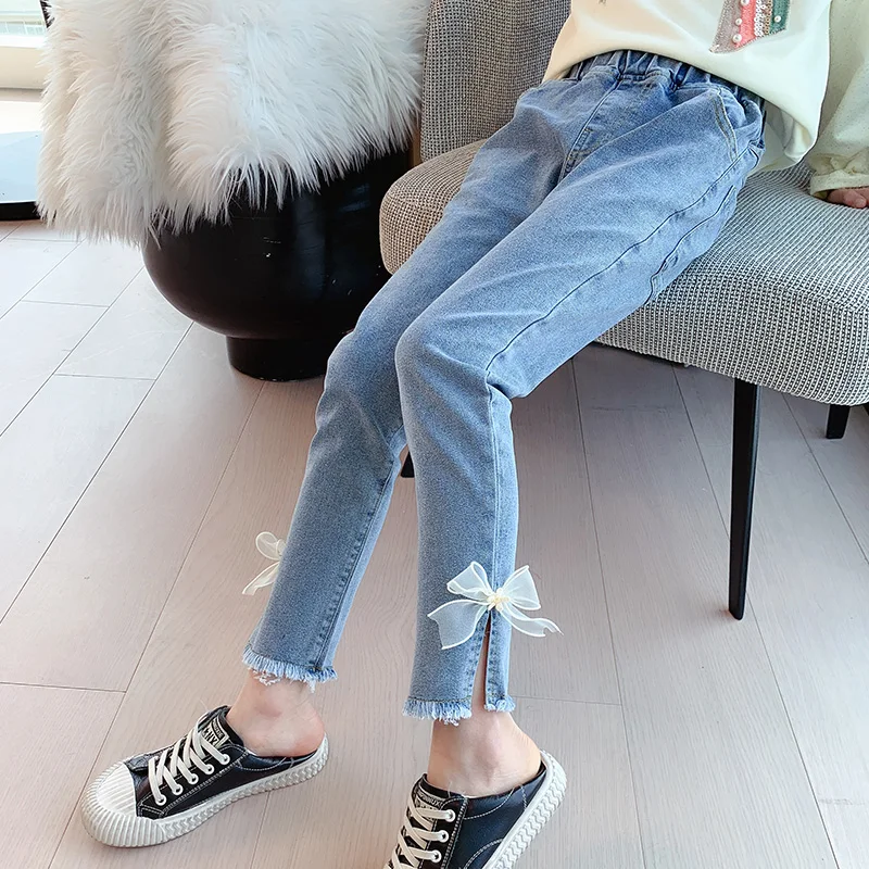 Kids Pants Spring Autumn Girls Jeans 4-12 Years Children's Elastic Waist Jean Pants Teenager Jeans Full length Girls Trousers