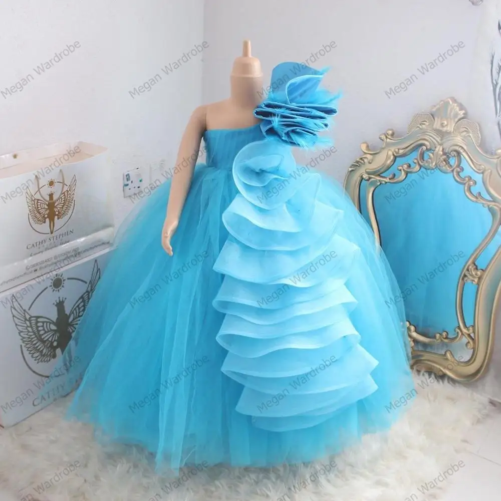 Kids Pageant Jurken Baljurk Kralen Een Schouder Handgemaakte Geplooide Blue Organza Prom Gown Bloem Meisjes Jurk Voor Bruiloft