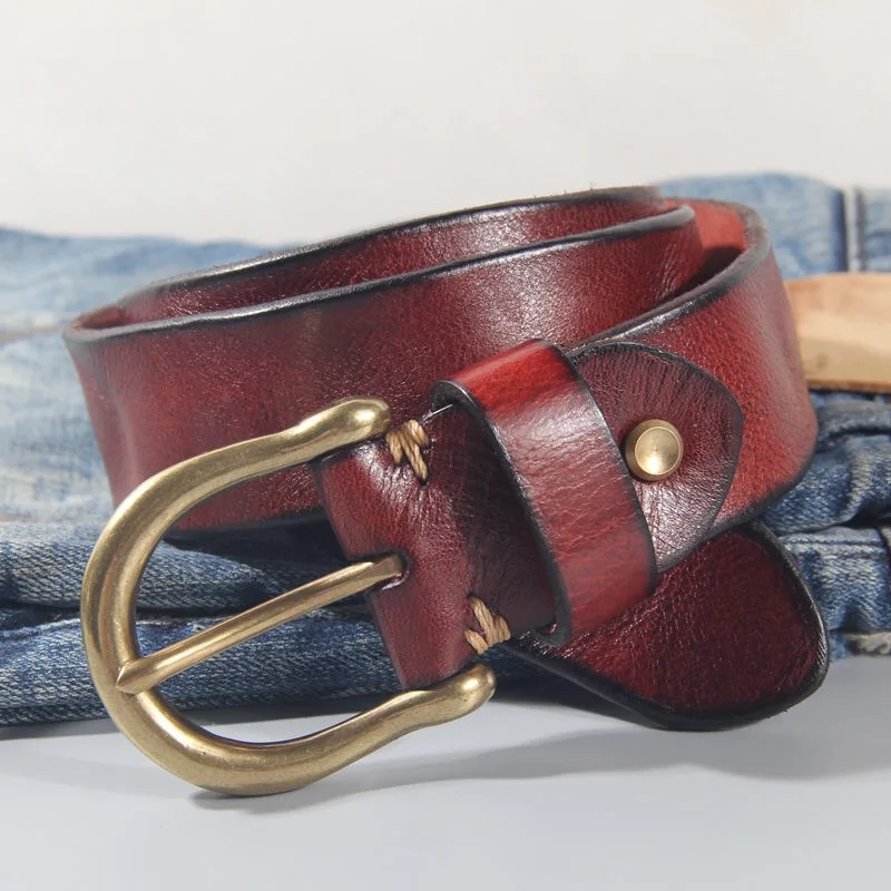 Handmade classic retro style pure copper Horseshoe buckle no interlayer cowhide men's belt 100% genuine leather Jeans Soft Belt