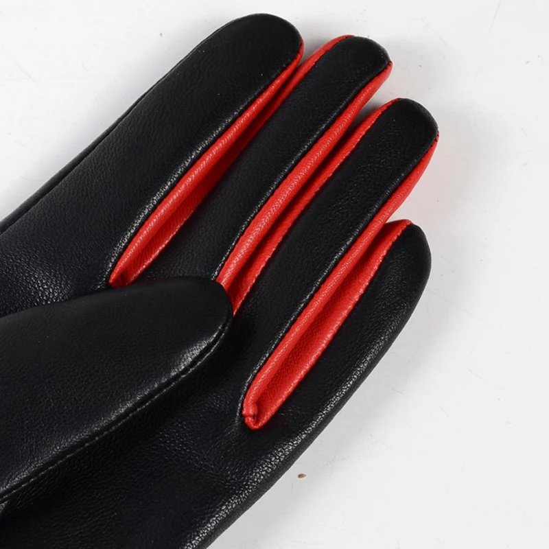 Long Gloves Women European/American Fashion Genuine Leather Thin Contrast Color Lambskin Mittens Female Lined Two Tone Luvas