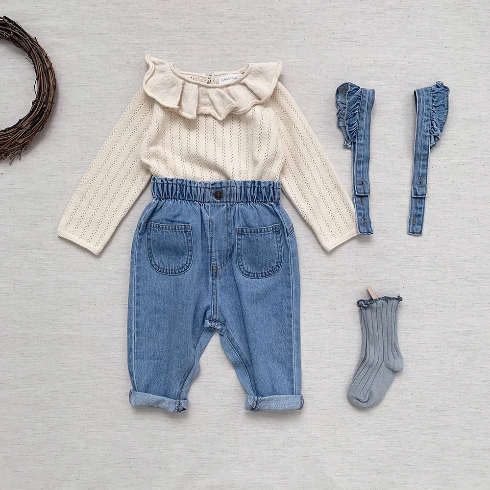 2024 Spring Baby Jeans For Girls Suspender Denim Pants Summer Clothing For Girls Newborn Toddler Cotton Trousers Clothes 0-4Y