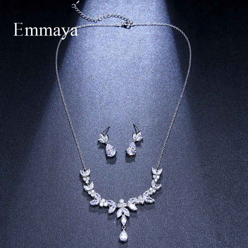 Emmaya Vivid Leaves-shape Dazzling Wedding Costume Accessories CZ Crystal Colorful Gift Earrings And Necklace Jewelry Sets