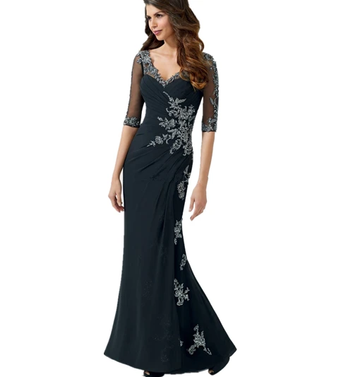 Hot Beautiful Summer Regular Chiffon V-Neck Mermaid Mother of the Bride Dresses 2015 Navy Blue Beading Elegant Prom Party Dress