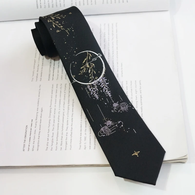 Free Shipping New Men\'s Male Black Necktie Original Design [Goldfish Wisteria] Bronzing Silver Black Tie Moon Student Party Tie