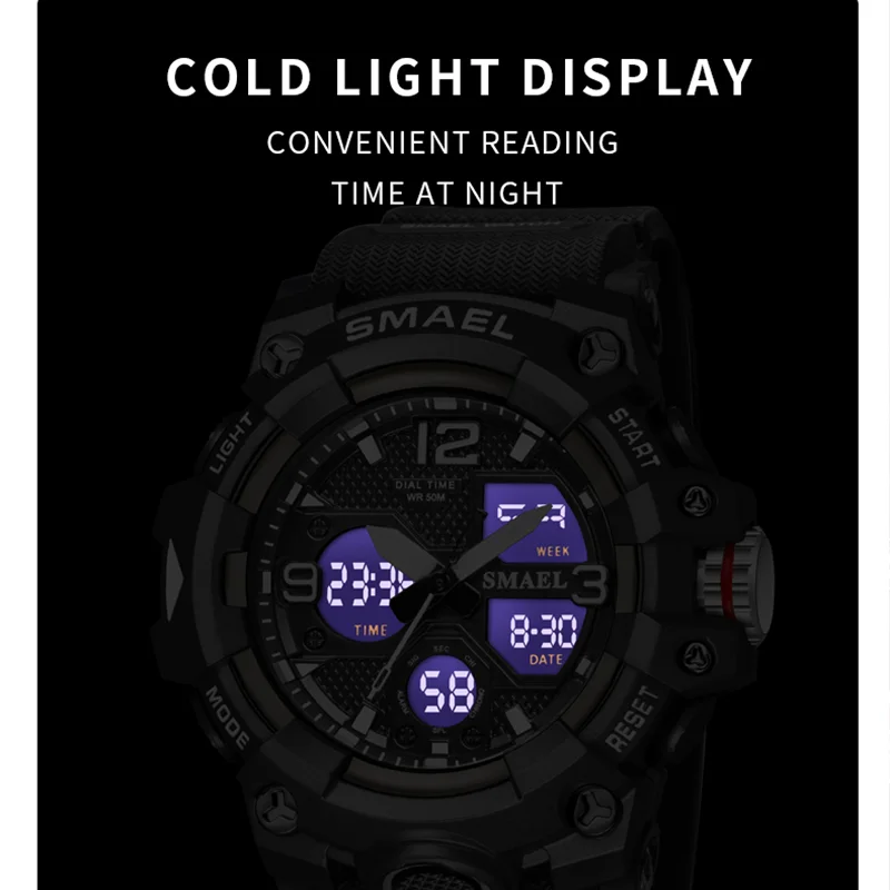 Smael Horloge Sport Militaire Horloges Waterdicht 50M Stopwatch Led Licht Week Display Horloges 8008 Quartz Horloges Mannen Digitale