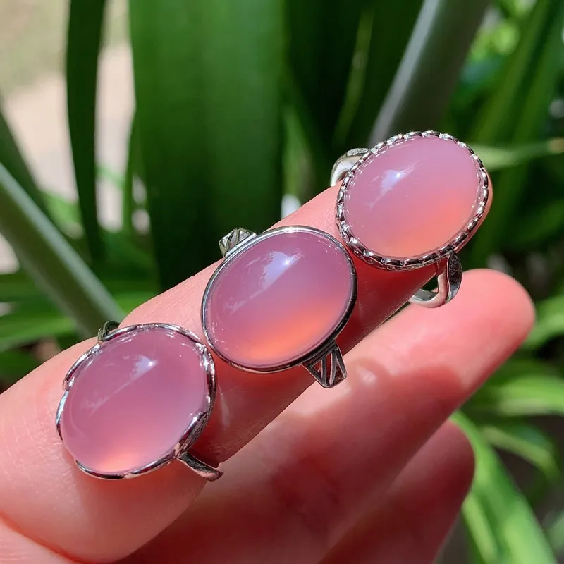 1PC Natural Pink Crystal Ring for Women Random Flower Rose Agates Chalcedony Stone Adjustable Ring Wedding Party Healing Jewelry