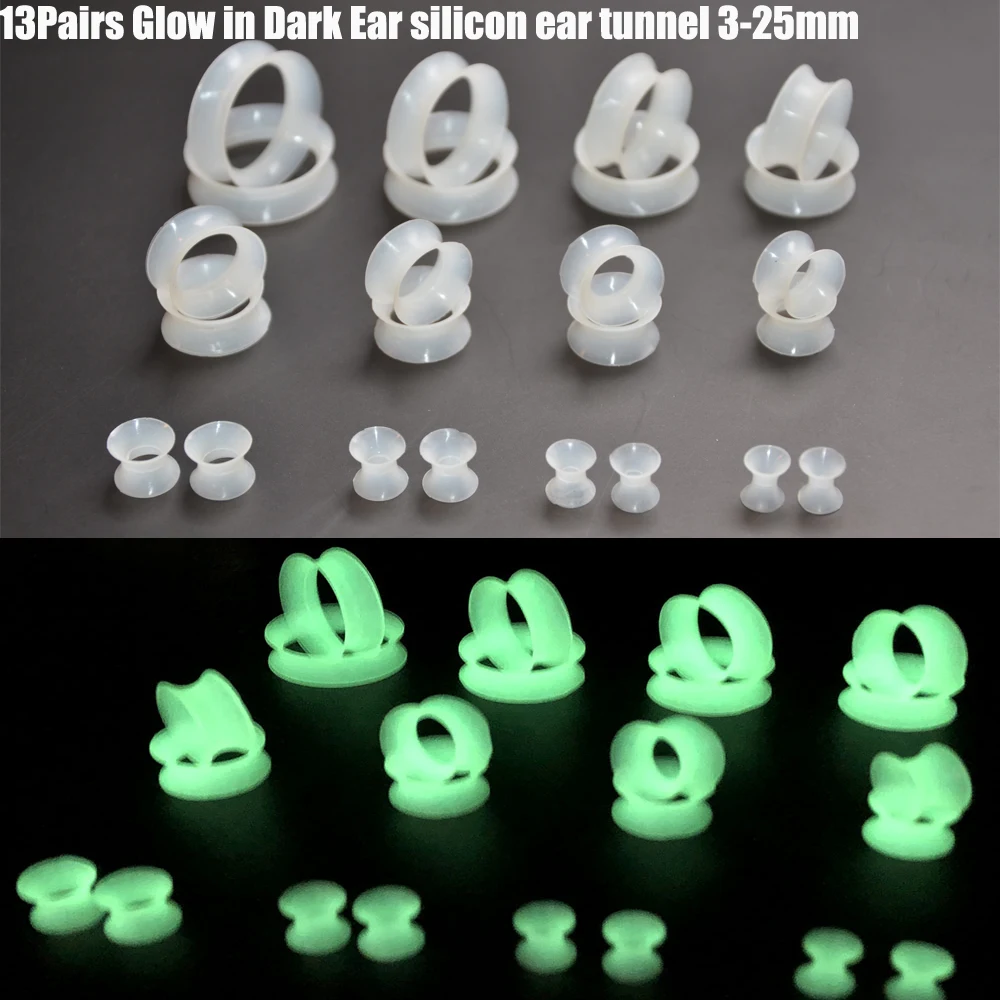 26Pcs 3-25mm Glow In The Dark Ear Flesh Tunnel Soft Flexible Double Flared Hllow Plugs Piercing Earrring Body Jewelry