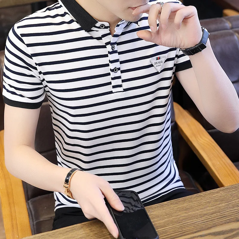 

Summer Cotton Trend Men's Fashion Personality Handsome Top Casual Short-sleeved Lapel Stripe Hip-Hop Popular Slim T-shirt Sports