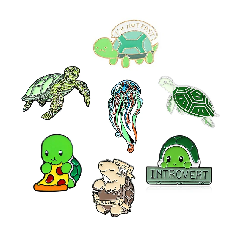 Tortoises sea turtle jellyfish Enamel Brooch marine animal Green Lapel Pin Cartoon animal banner Custom Badge Friend's gifts