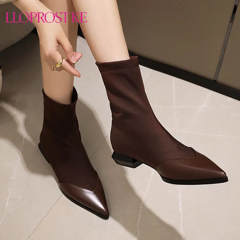 

Lloprost ke Ankle boot heel PU splice pointed low-heel fashionable elastic autumn winter women's boots black yellow brown