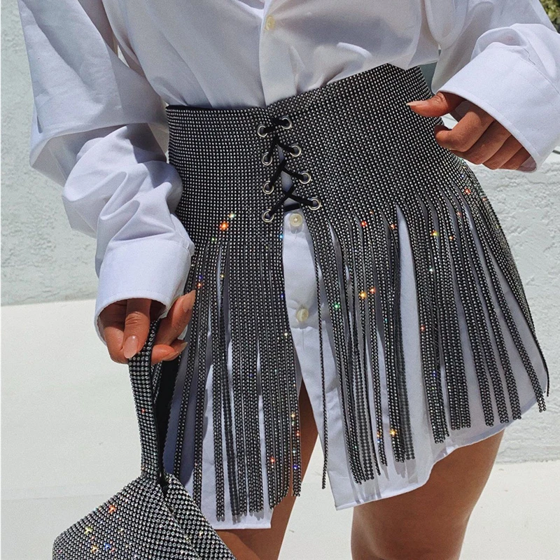 2020 New Bling Rhinestone Diamonds tassel Fringe Wide Belt Self Tie Wrap Waistband Skirt Peplum Waist Belt