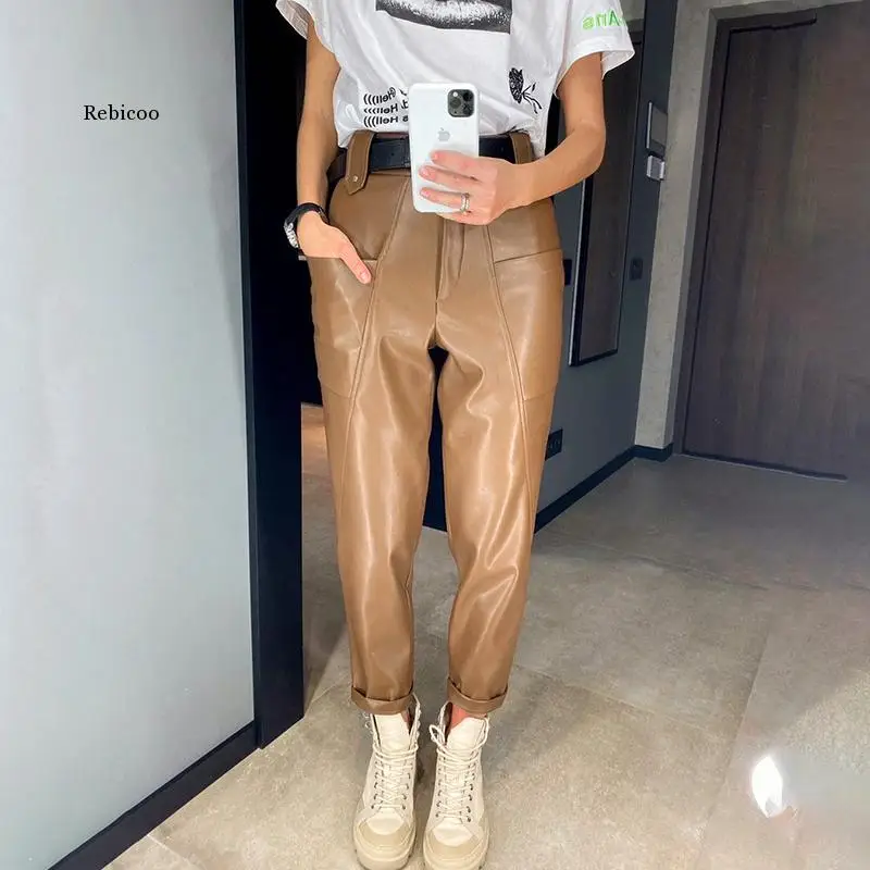 

Faux Leather Trousers Vintage Casual Pu Women High Waist Big Pockets Straight Pant Autumn Elegant Lady Pant Capris