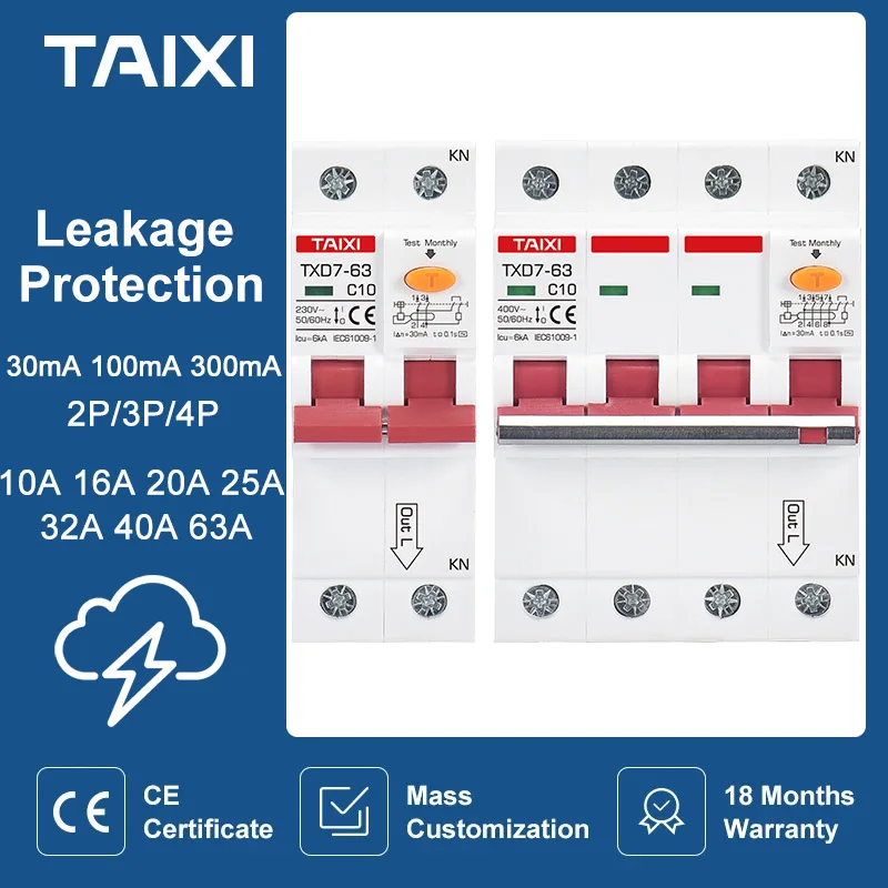 Single Three Phase MCB RCBO 16A 32A 63A 2P 3P 4P 30MA 300MA RCCB  AC380V Leakage Circuit Breaker Motor  Electrical Protection